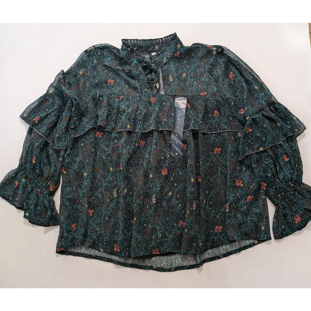 Lucky Brand Top Women's L Green Boho Sheer Ruffle Blouse Romantic Paisley Floral